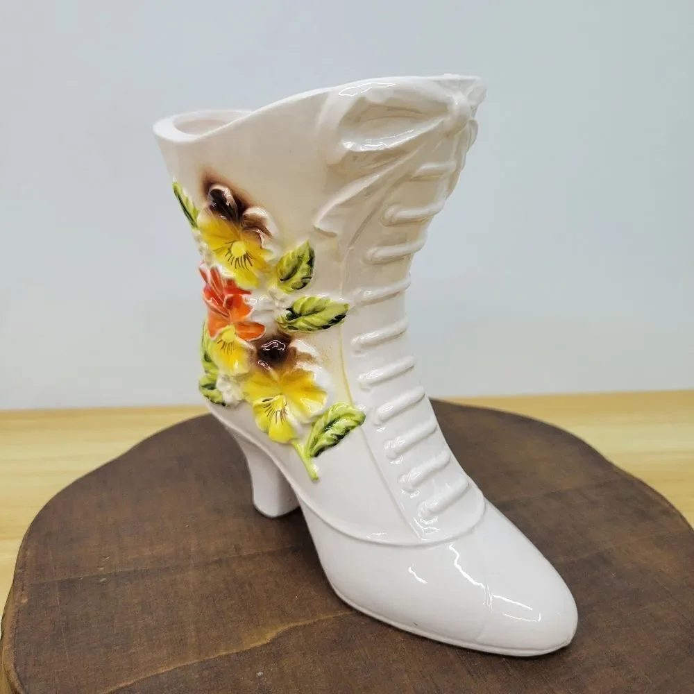 Vintage 1960's Napco Ivory Boot Vase Victorian Style Yellow & Orange Floral Vase